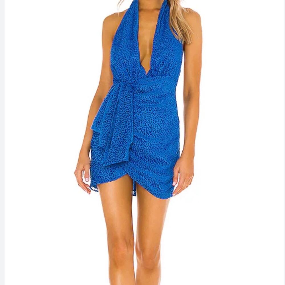 NBD Revolve Pari Velvet Leopard Ruched Halter Mini Dress Women's Small Blue